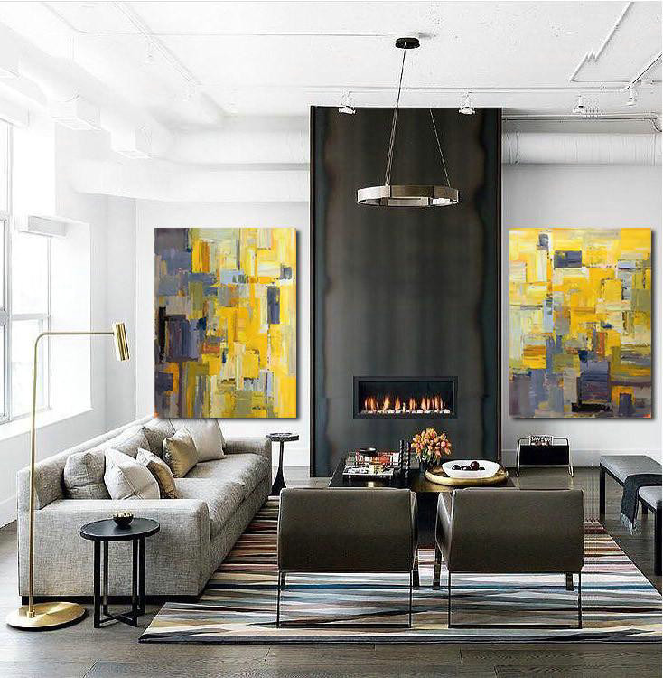 Extra Large Abstract Painting On Canvas,Set Of 2 Contemporary Art On Canvas,Contemporary Wall Art,Yellow,Purple,Taupe,Brown.etc